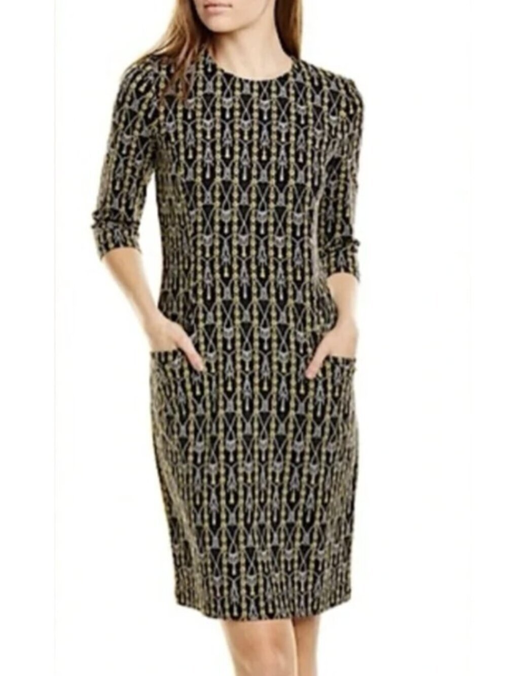 J. McLaughlin Crew Neck Rope & Chain 3/4 Sleeve Pullover Sheath Dress Pockets, M